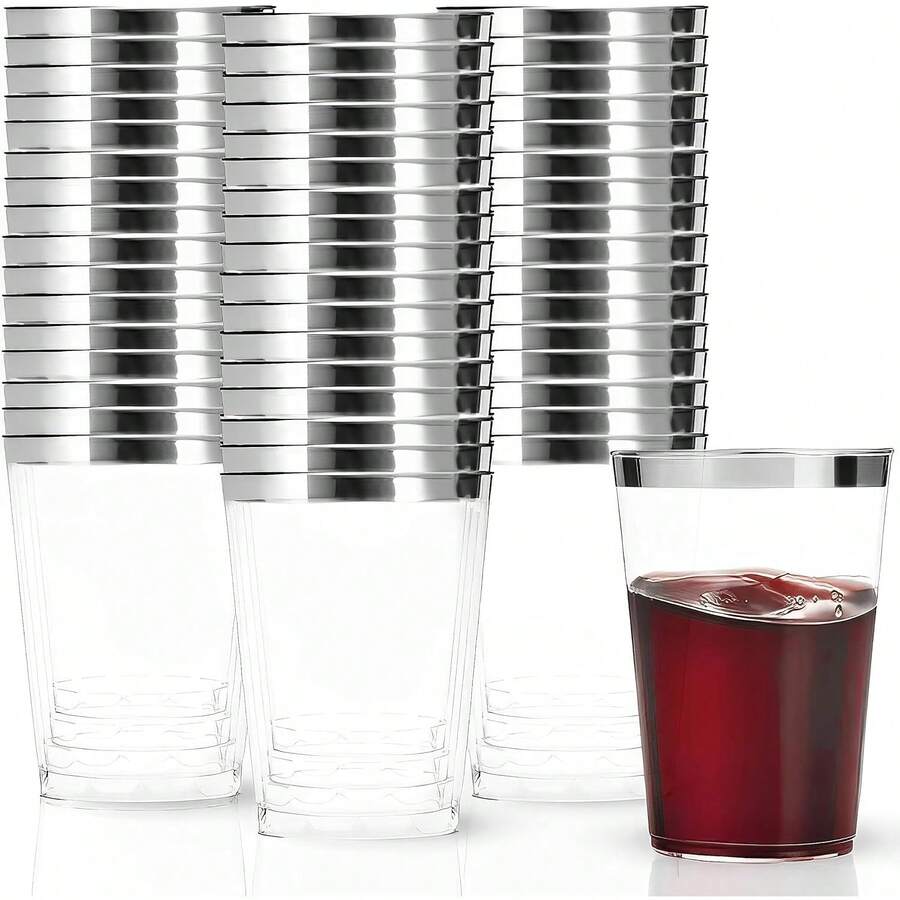 20pcs 6.76oz/200ml Silver Rim Airline Cups, Suitable For Home Entertaining, Hotels, Restaurants And Various Occasions - Silver - View 1