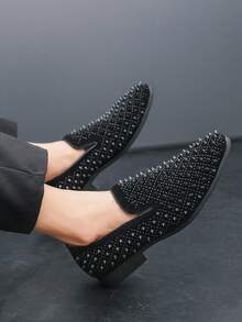 Men's Leather Spikes Loafers Studded Dress Shoes Slip-On Fashion Flats Long Rivet Wedding Party Prom Shoes - 黑色 - 查看 8
