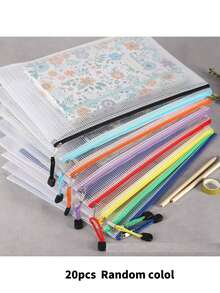 20 chiếc túi đựng hồ sơ lưới khóa kéo khổ A4 chống thấm nước, túi đựng đồ dùng thêu chữ thập và xếp hình, thích hợp cho du lịch, trường học, họp hội đồng quản trị và văn phòng phẩm, đồ dùng học tập, màu Macaron, 5 màu - Nhiều màu - Xem 15