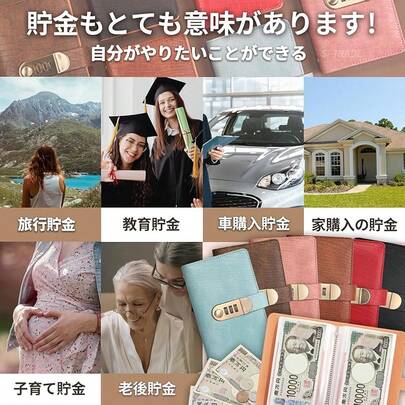 お札、お金の仕分け、封筒貯蓄銀行、ファイルバインダー、ダイヤルロック、取扱説明書付き、貯蓄計画、防災グッズ（中ページ、50ページ、現金シート枚積み重ね可能）（ブラック）