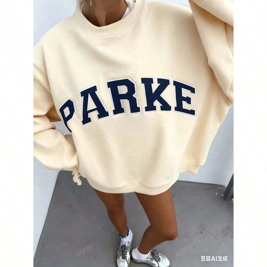 ClothesWomen's Casual Letter Print Oversized Pullover Sweatshirt, Loose Fit Crew Neck Long Sleeve Hoodie, Fall Fits For Airport, Back To SchoolNew Women's Fashion Breathable Printed Short SleevesLoose And Comfortablewinter Clothes For Women - 杏色 - 查看 1