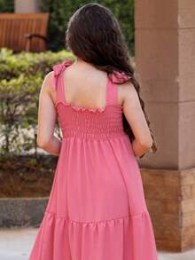 Girls' Long Three-Tiered Dress With Straps | Duna Fabric | Elastic Back | Sizes 12 To 16 - 珊瑚粉 - 查看 4