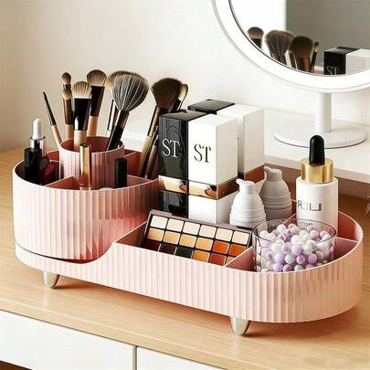 1个360°旋转化妆垫及刷具收纳盒，大容量分隔式化妆品收纳盒，梳妆台收纳架，可放置口红、眉笔、护肤品等，情人节礼物
