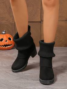 黑色褶裥靴筒，带搭扣，粗跟/中跟，圆头，套脚式，优雅百搭，通勤时尚女靴 - 黑色 - 查看 6