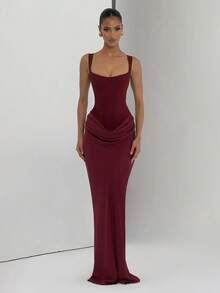 Elegant Sexy Spaghetti Strap Bodycon Party Dress, Ruched Decor Design, Fashionable Cocktail Formal Gown For Banquet, Ball, Cocktail Music Festival - Burgundy - View 10