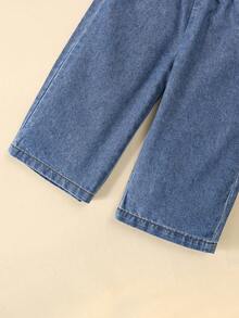 Bộ trang phục mùa hè cho bé gái - Áo denim nhún bèo không tay kết hợp với quần short denim giặt thường ngày viền ren, thích hợp cho du lịch mùa hè, đi biển hoặc mặc hàng ngày - Rửa trung bình - Xem 7