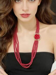 1件多层玻璃珍珠和水钻山茶花长项链，女士时尚毛衣链