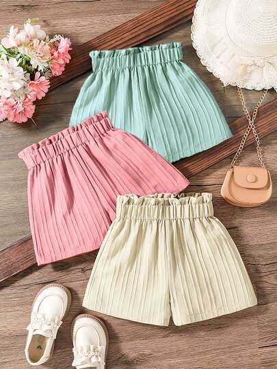 3 chiếc quần short mùa hè dáng suông cạp chun màu trơn cho bé gái, quần short thường ngày mùa xuân, quần short thoải mái cho kỳ nghỉ hè.