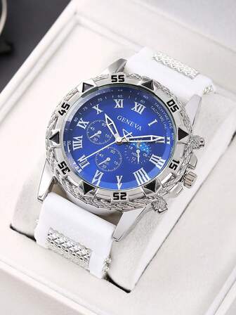 1 pieza Reloj de hombre con cristal de luz azul, esfera grande con tres ojos y correa de acero