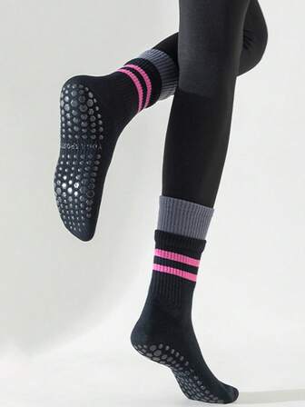 1 Pair Women's Mid-Calf Yoga Socks Casual Striped Silicone Non-Slip Gym Fitness Pilates Socks Indoor Workout Dance Sports Socks