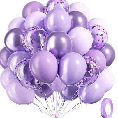52 piezas Conjunto de globos morados para fiesta, globos con tema lavanda - morado claro, morado metálico, globos morados con confeti para cumpleaños de niñas, baby shower, decoración de fiesta de boda