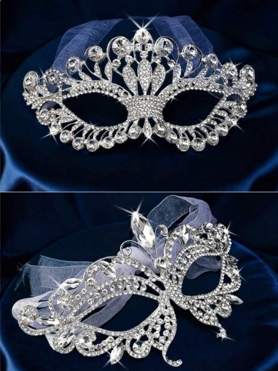 Premium Alloy Rhinestone Mask, Shiny Crystal Masquerade Mask For Venetian Carnival, Halloween, Christmas And Other Festival Parties - Silver - View 1