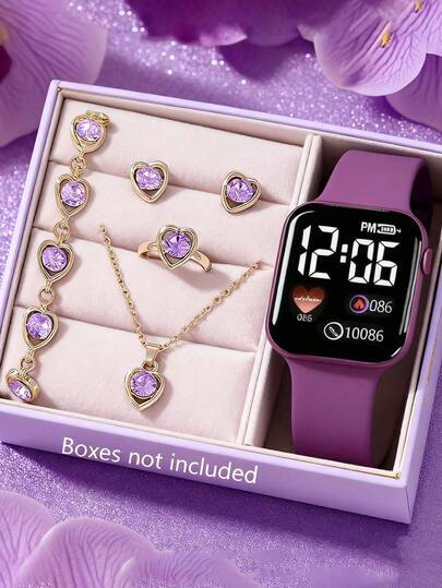 Juego de 6/1 correas de reloj de silicona con pantalla digital, de moda, elegantes y clásicas, para adolescentes. Adecuado para que las niñas lo usen. Incluye un juego de joyas con pulseras, collares, aretes y anillos. Adecuado para estudiantes. Perfecto para uso diario como volver a la escuela, asistir a fiestas y viajar. Muy adecuado como regalo para amigos, regalos de cumpleaños, regalos de temporada de graduación o un regalo perfecto para mamá.
