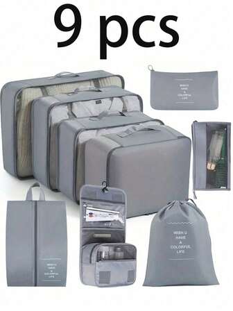 9/1pc Foldable Travel Organizer Bags, Large Capacity Waterproof Packing Cubes, Luggage Organizer Bags, Shoe Bags, Drawstring Bags, Travel Organizers, Cosmetic Bags, Underwear Bags, Makeup Bags, Storage Bags, Organizers For Clothes, Suitable For Pens, Eyeshadow Brushes, Sanitary Napkins, Lipsticks, Eyeliners, Lip Glosses, Skincare, Toothbrush Holders, Soaps, Shampoos, Combs, Watches, Phones, Necklaces, Jewelry, Electronics