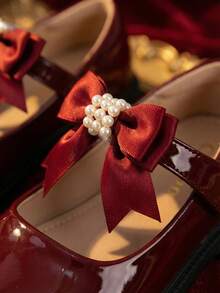 Girls' Mary Jane Shoes, Burgundy Patent Leather Pearl Bow, Soft Bottom Flat Shoes, Cute Princess Style For Toddler & Little Kid - Burgundy - View 4