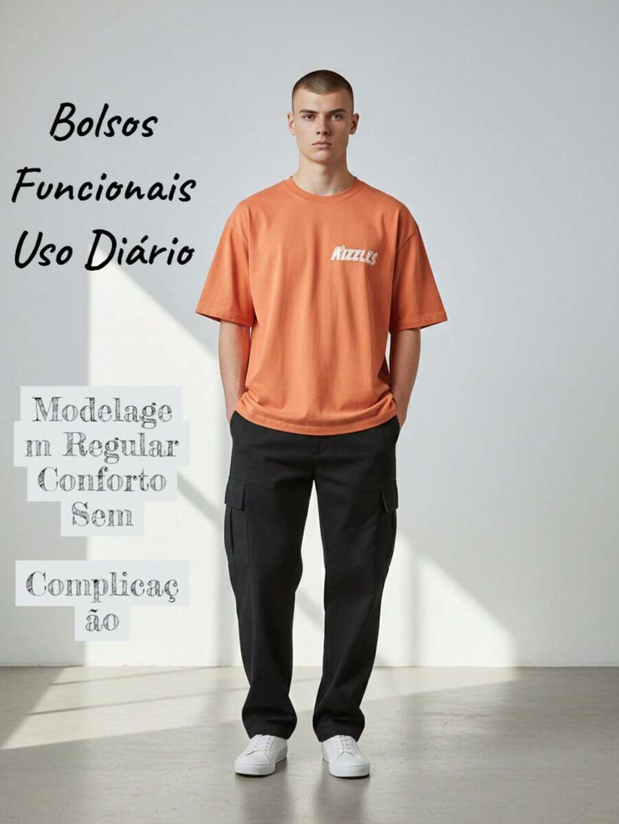 Calça Cargo Masculina Regular Confortável • Pronta Para Qualquer Ocasião-Preto Cargo - Preto - Visão 1