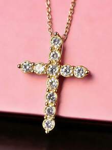 1pc Cross Zirconia Pendant Necklace Women Gold Plated Chain Necklace Jewelry Party Couple Anniversary Gift For Girlfriend Lover Friend