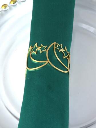 6 piezas Anillos para servilletas con estrellas y lunas huecas doradas, adecuados para decoración de mesa de fiesta festiva, portaservilletas de banquete