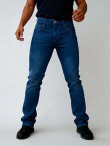 Nuevo 2025, Ropa masculina de alta calidad, azul, azul claro, azul oscuro, cintura media recta, pantalones vaqueros ajustados elásticos, ocio diario, reuniones de negocios, viajes de negocios, se puede usar en todas las estaciones, armarios necesarios, temperamento atmosférico - Azul lavado medio - Ver 3