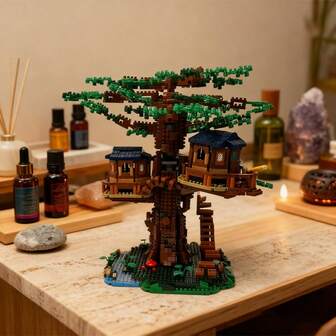 1852pcs Multi-Room Treehouse Building Blocks, Creative Treehouse Series Miniature Forest Wooden Architecture Model