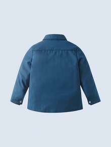 Young BoyNavy Blue Long Sleeve Button-Front Collared Shirt, Versatile For Daily School Wear And Holiday Outfits - Navy Blue - View 3