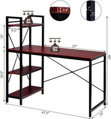 Computer Desk With 4 Tier Shelves, Study Writing Table With Storage Bookshelves, Compact Home Office Workstation, 47.5" Tower Desk With Steel Frame & Adjustable Feet Pad, Red Brown - Red Brown - View 3