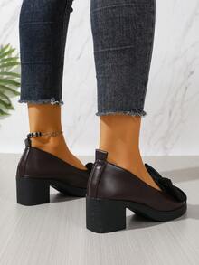 Preppy Style Bow Accent Office Chunky Heel Pointed Toe Brown High Heels, Comfortable Low Price Casual Country Outdoor Holiday Shoes - Brown - View 5