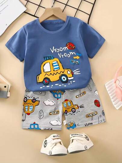 2pcs/Set Cartoon Car Print Top + Matching Print Shorts, Casual & Cute Outfit Suitable For Outdoor Activities