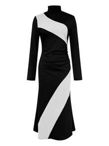 一件装女士优雅高领针织长袖连衣裙，撞色设计，百搭实用，适合办公室、日常穿着、新年派对、节日庆典等场合。 - 黑與白 - 查看 2