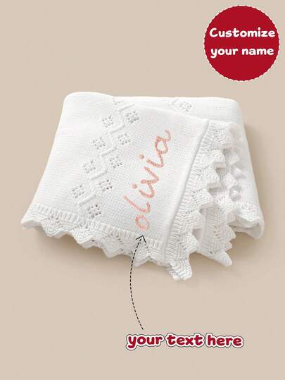 1 pieza Manta de bebé tejida con nombre bordado a mano personalizable, manta tejida de unicolor suave para niños, con borde ondulado elegante, manta para bebé de moda