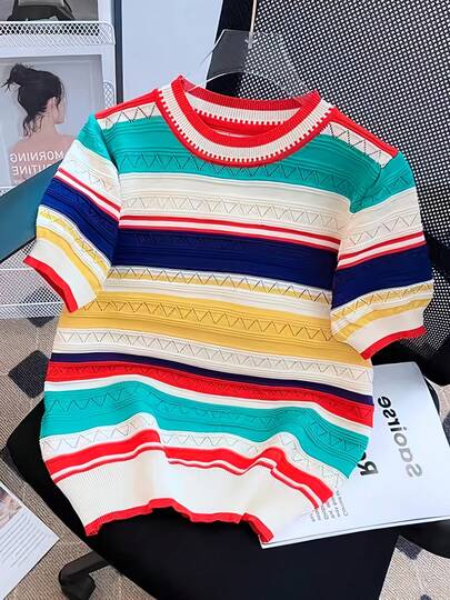 Camiseta de manga corta de punto con rayas de colores arcoíris, bloque de color de moda y cuello redondo que reduce la edad para mujer, nueva para primavera 2022