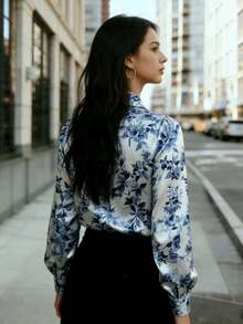 The Women's Long-Sleeve Satin Print Shirt Features A Stylish Animal Print Design And Classic Button Details, Making It Perfect For Everyday Wear. Vacation - Blue - View 5