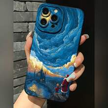 2026 nueva funda de teléfono esmerilada, funda de teléfono Van Gogh Noche Estrellada con Santa y Niño impresión artística para  17 15 Pro Max  17 14 Pro  17 13  Galaxy S23 S22 S21 funda de teléfono funda de pareja regalo para novio novia regalo de vacaciones - Negro - Ver 2
