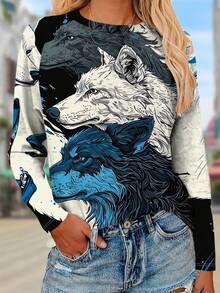Women's Long-Sleeved T-Shirt With Round Neck, Casual Style, Featuring 3D Printed Images Of Wolves In Various Poses, With Black, White, And Blue Fur Colors Intertwined – Suitable For Spring And Autumn. - 彩色 - 查看 1