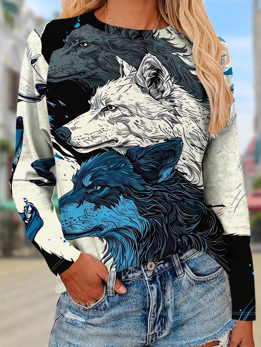 Women's Long-Sleeved T-Shirt With Round Neck, Casual Style, Featuring 3D Printed Images Of Wolves In Various Poses, With Black, White, And Blue Fur Colors Intertwined – Suitable For Spring And Autumn. - 彩色 - 查看 1