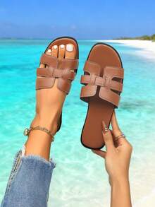 نعال نسائية بلون أحادي على الطراز الكوري، صنادل شاطئ كاجوال مسطحة وأنيقة - بني غامق - مشاهدة 8