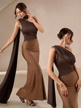 Vestido maxi elegante, romántico y sexy para uso diario de mujer con escote halter drapeado, detalles de volantes, ideal para fiestas, vacaciones, regreso a casa, citas románticas, eventos de invitados de boda y celebraciones de Año Nuevo