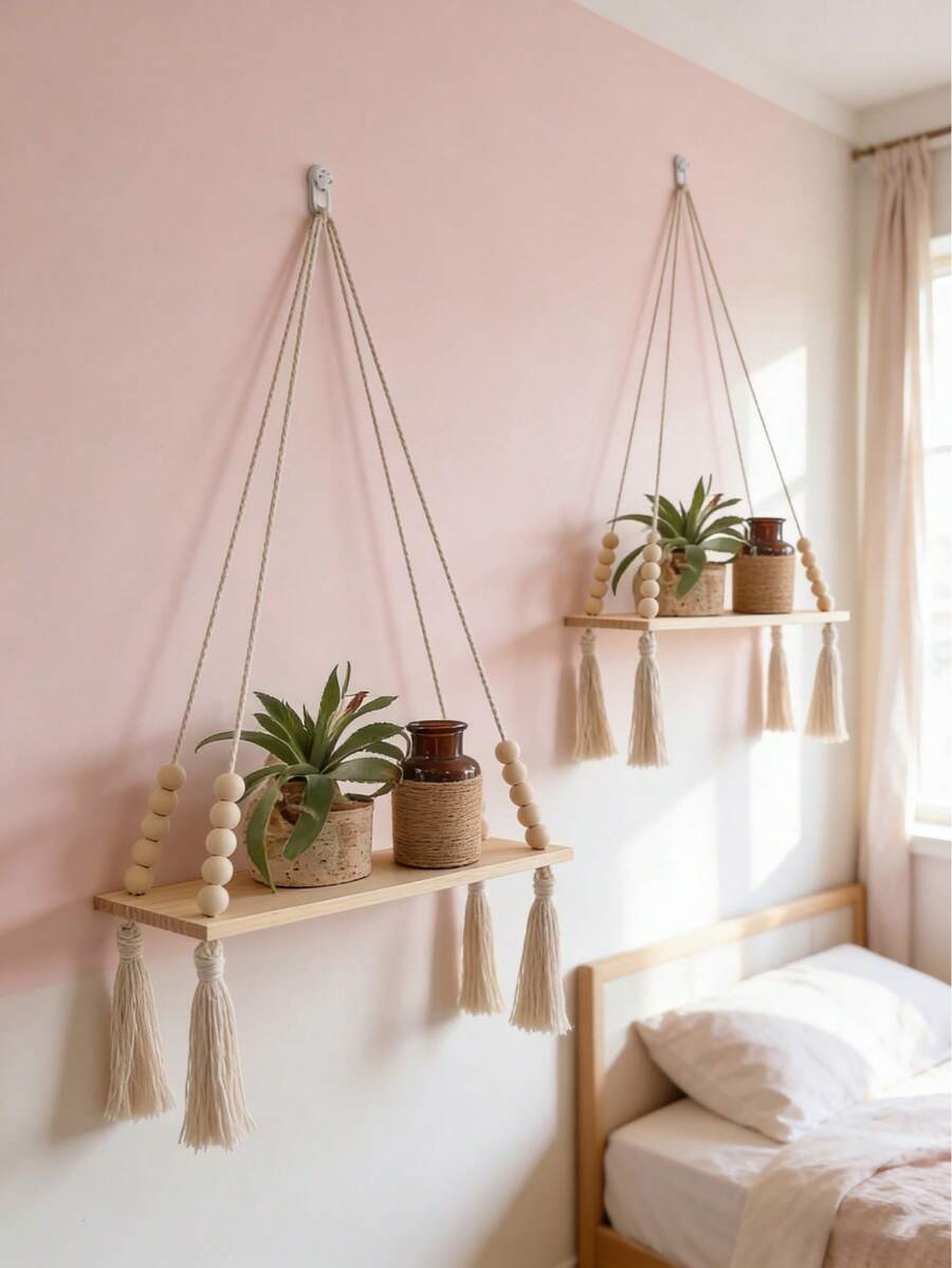 1/2pcs Macrame Hanging Shelf, Light Wood Rope Wall Mounted Storage Rack, Boho Style Plant Hanger, Suitable For Indoor Living Room Bedroom, Modern Bohemian Hanging Storage Shelf, Multi-Functional Macrame Wall Shelf, Minimalist Elegant Hanging Organizer, Fashion Home Decor Display Rack, Applicable For Bathroom Kitchen Bedroom Or Living Room Wall