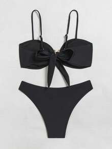 wohenmeili Solid Color Spaghetti Strap Scorpion Decor Clasp Coordinated Summer Beach Bikini Set Vacation Black - Black - View 8