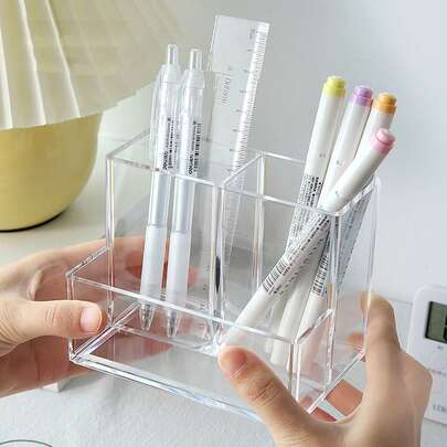 Bộ 1/3/5 hộp đựng đồ dùng văn phòng phẩm/mỹ phẩm/dụng cụ đa năng bằng acrylic, hộp đựng đồ dùng để bàn hình vuông/tròn bằng nhựa, hộp đựng đồ dùng học tập/tốt nghiệp, hộp đựng bút, hộp đựng cọ trang điểm, quà tặng học sinh, quà tặng khuyến khích tự học, hộp đựng bút chì, túi xách.