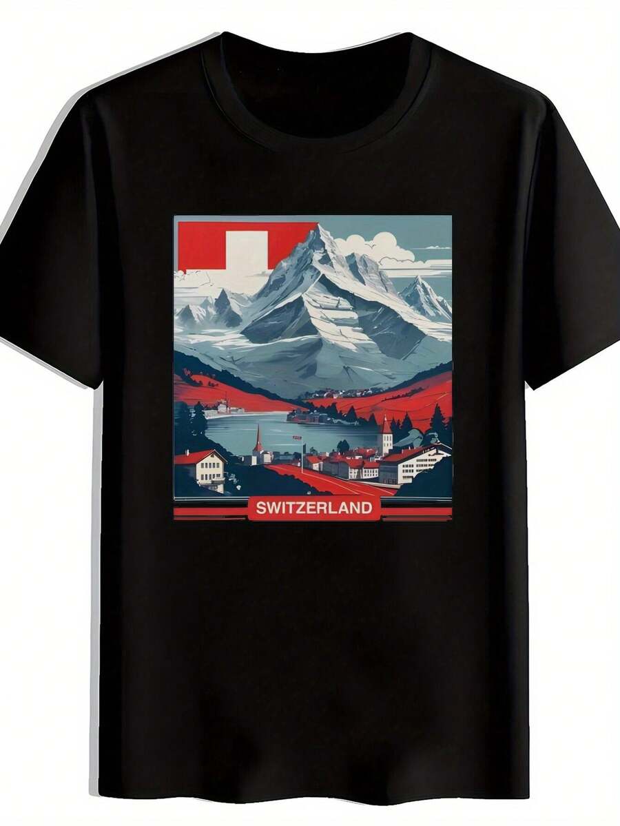 's Shirt With Swiss And Seed Design - Casual Round Neck. Short Sleeves. Summer Polyester Top For Travel, Dates, Beach, Holidays, Festivals, And As A Gift. Travel Clothing. Mountain Scenery Shirt. Lightweight Top. Beachwear. - Black - View 1