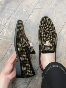 2025 New Loafer For Men Full Diamond Studs, Light Luxury Slip-On Metal Logo, Black Fashionable Banquet Business Casual Leather Shoes - 金色 - 查看 3