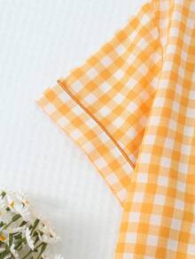 两件套女士格子印花睡衣套装，短袖纽扣领上衣和短裤，夏季休闲睡衣 - 橘色 - 查看 5