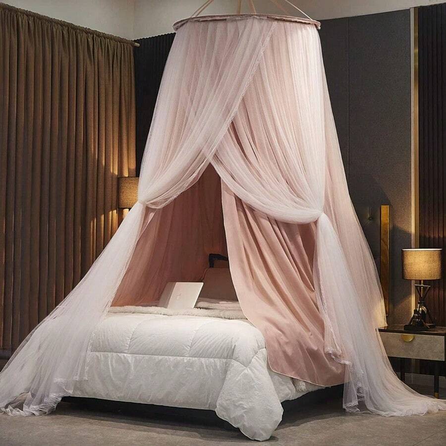 Kertnic Luxurious Bed Canopy For Girls And Adults - Double Layer Princ Canopy With Lace Round Dome Mosquito Netting For Queen/King Bed Tent Pink - 粉色 - 查看 1
