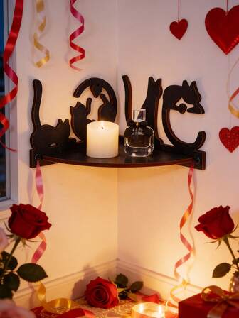 1 pieza Estantería de exhibición con forma de gato LOVE para el Día de San Valentín, estantería flotante de madera para ensamblar DIY, decoración de habitación, adecuada para decoración de rincón en interiores, estantería de exhibición para sala de estar, Día de San Valentín, boda, decoración de fiesta