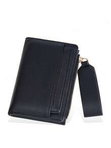 Cartera elegante y exquisita de piel de lichi con hebilla, de gran capacidad y multifunción, con cremallera portátil, clip para tarjetas de estudiante, monedero lindo y adecuado como regalo para jóvenes estudiantes, mujeres y hombres - Negro - Ver 6