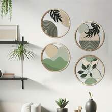 4件套波西米亚绿色木质墙饰，波西米亚植物墙板，悬挂式艺术面板，农舍几何悬挂装饰，极简主义公寓艺术（卧室自粘式） - 彩色 - 查看 1