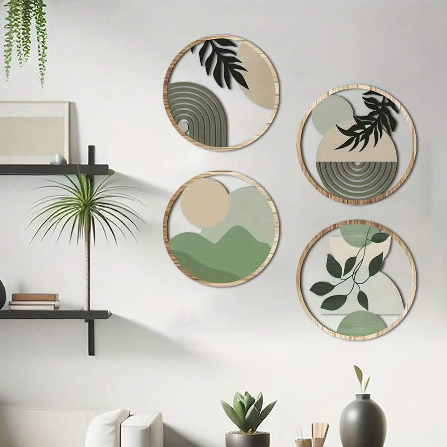 4件套波西米亚绿色木质墙饰，波西米亚植物墙板，悬挂式艺术面板，农舍几何悬挂装饰，极简主义公寓艺术（卧室自粘式） - 彩色 - 查看 1