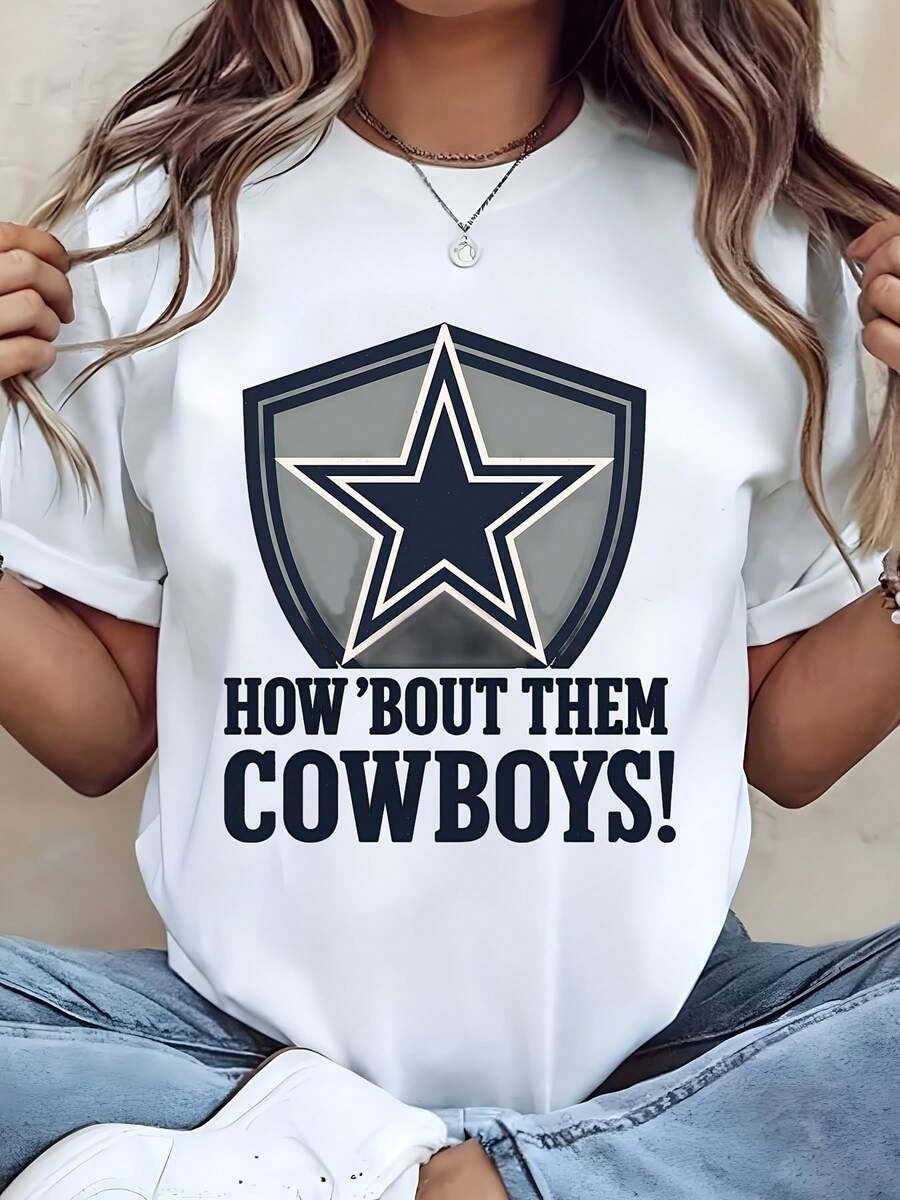 Unisex Dallas CowboysS Star Logo How Bout Them Cowboys Text Print T Shirt For Football Fans Game Day And Team Spirit Family Couple Outfit Cotton Comfort Fabric - 白色 - 查看 1
