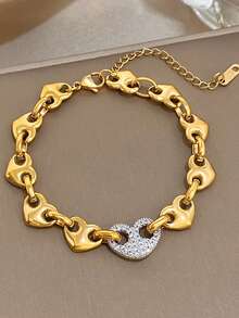 1Pc 18K Gold Plated Stainless Steel Luxury Full Heart Chain Bracelet For Women, Elegant Mom Gift Christmas Carnival Winter Jewelry Wedding Rave/Prom/Party/Daily Accessories Gift For Anniversary Valentine's Day Boho Jewelry Birthday Bridesmaid Gifts - Multicolor - View 10